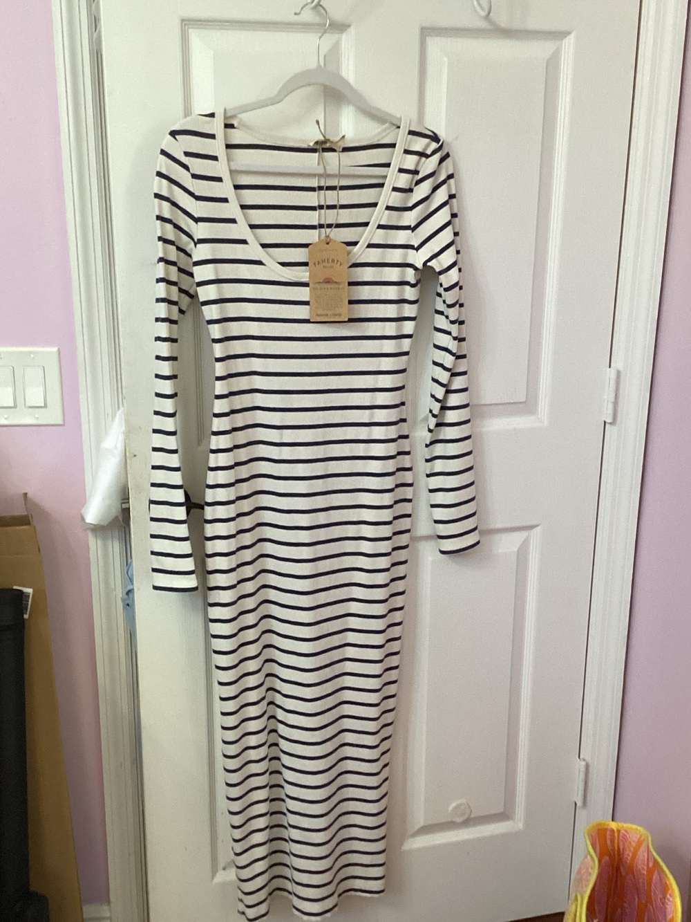 Striped Long Sleeve Maxi Dress - Navy & White